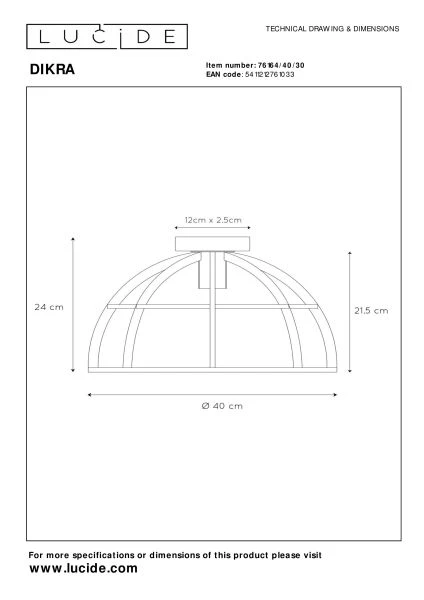 Lucide DIKRA - Plafonnière - 1xE27 - Zwart - technisch